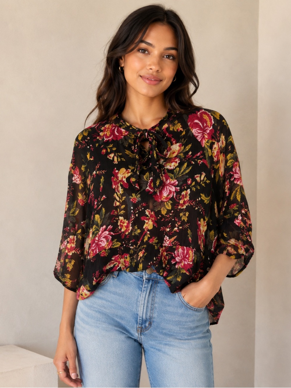 Flying Tomato Floral Elbow Sleeve Top Floral Bohemian Oversized Tie Neck Top